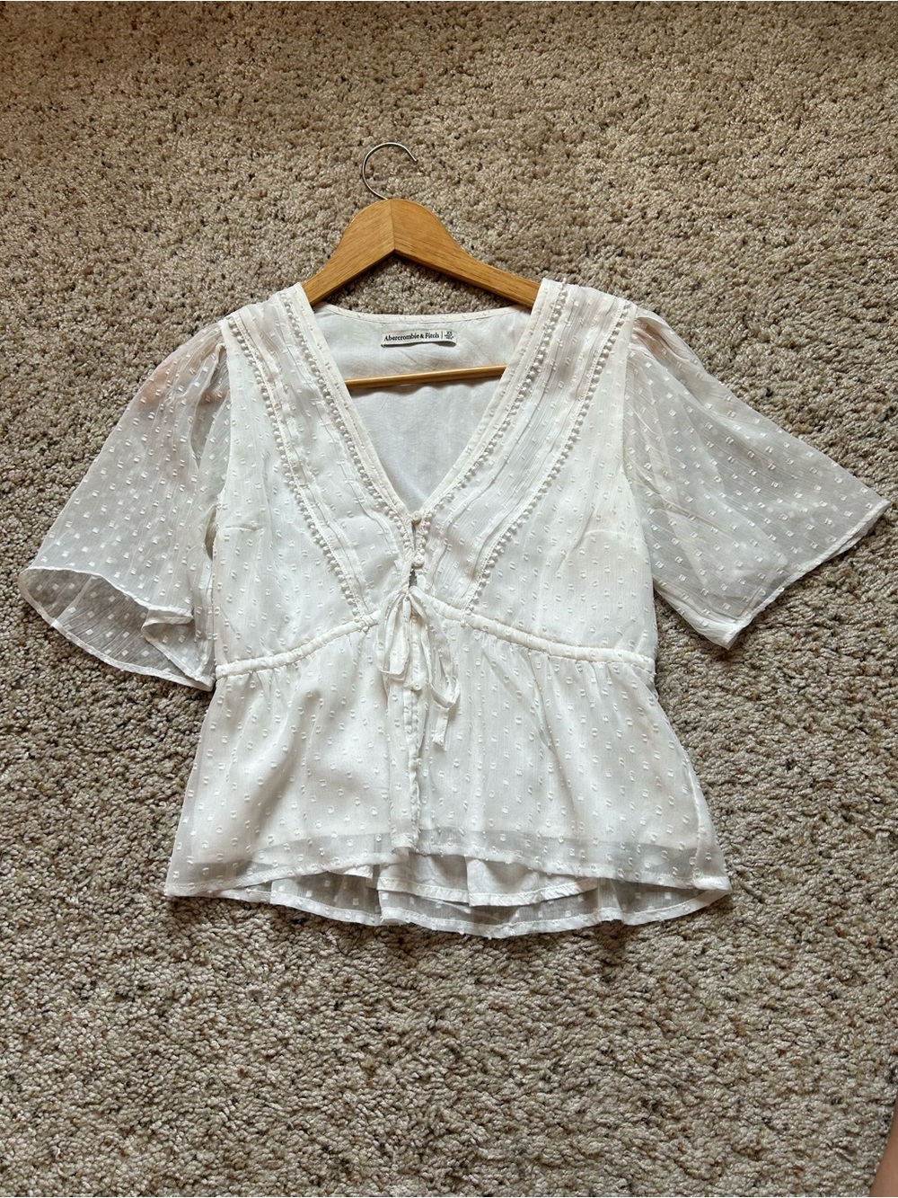 Abercrombie & Fitch Cream Swiss Dot Tie-Front Peplum Blouse